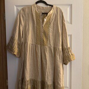 Haris Cotton Greece Gold Sand Swing Ruffle Dress Sz XL NWT!